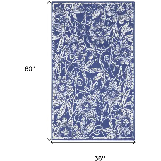 Blue And Ivory Floral Distressed Area Rug Photo 3