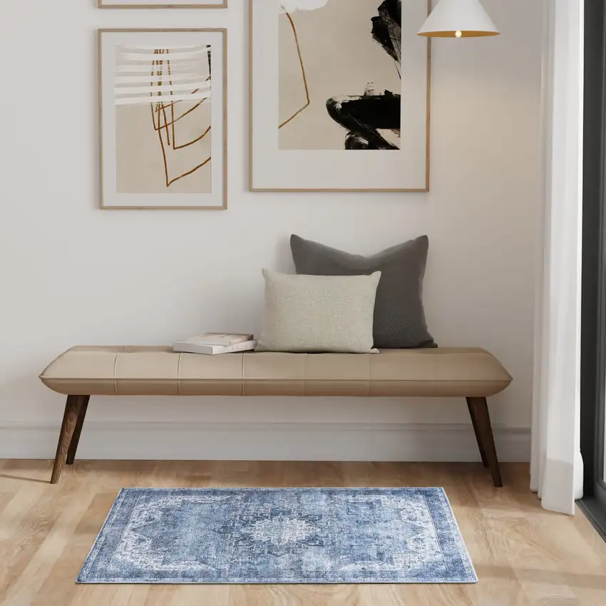 Blue And Ivory Floral Distressed Area Rug Photo 5