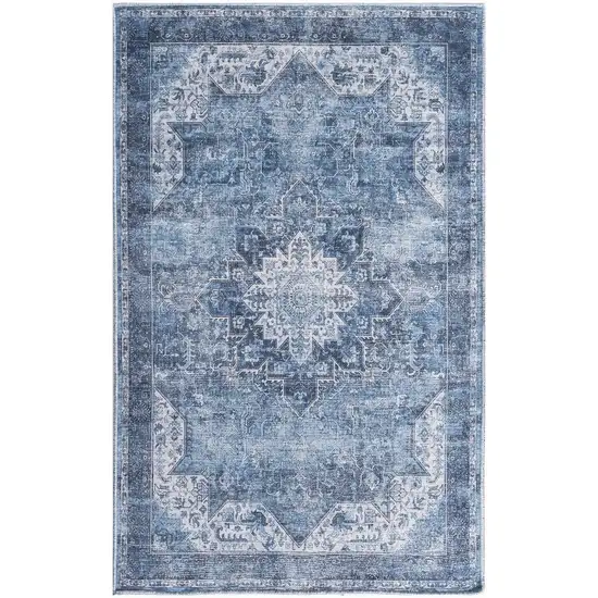 Blue And Ivory Floral Distressed Area Rug Photo 7
