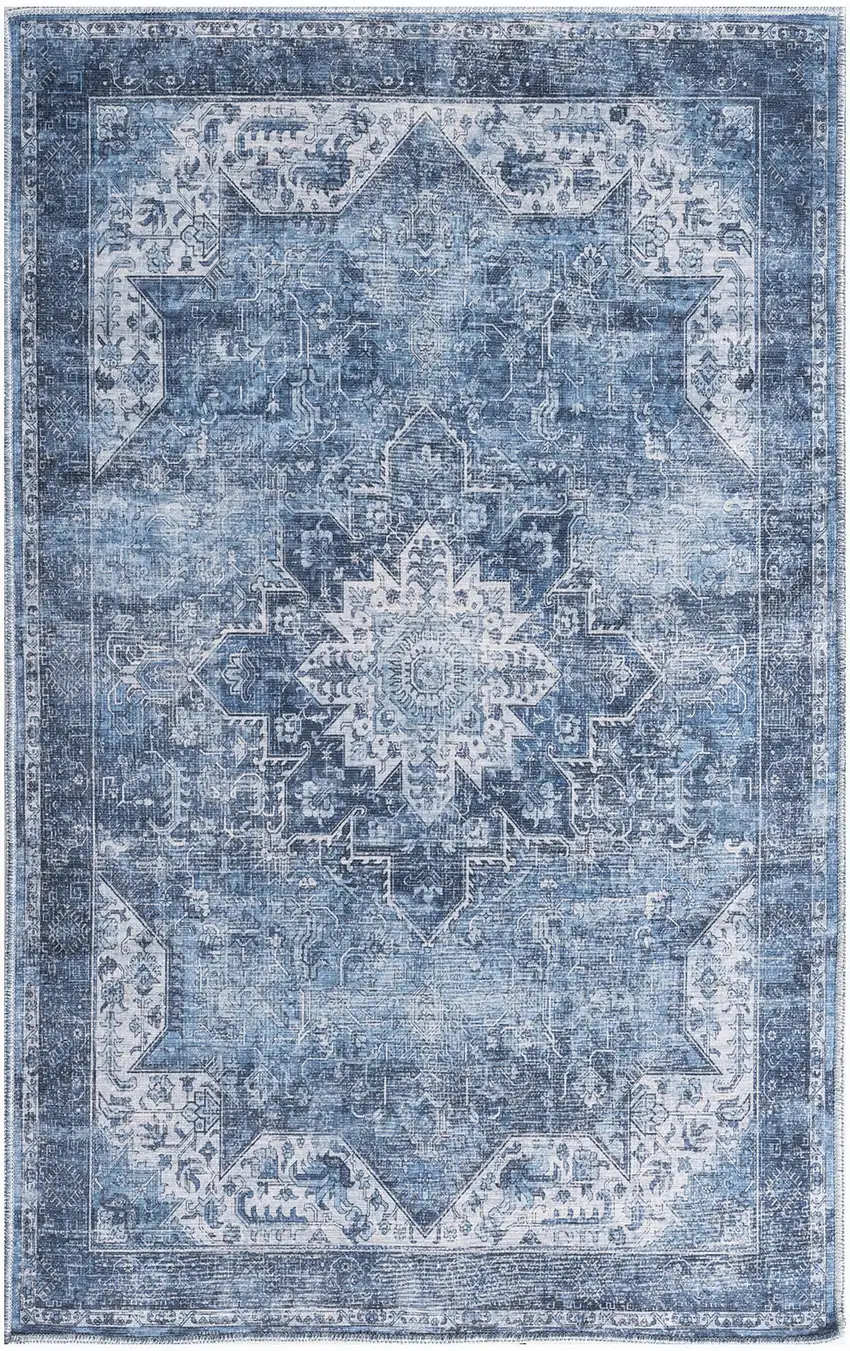 Blue And Ivory Floral Distressed Area Rug Photo 7