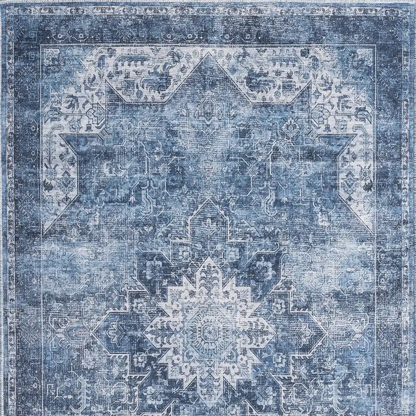 Blue And Ivory Floral Distressed Area Rug Photo 9