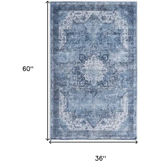 Blue And Ivory Floral Distressed Area Rug Photo 3