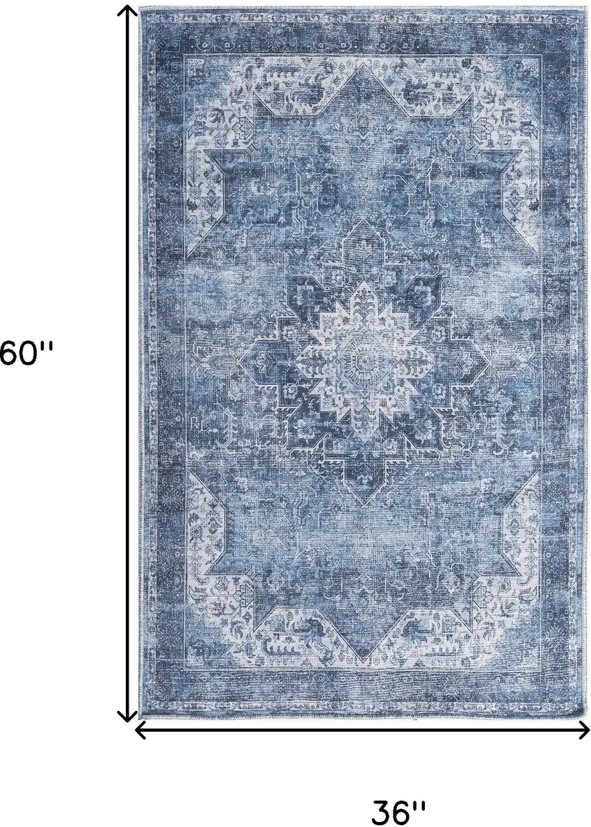 Blue And Ivory Floral Distressed Area Rug Photo 3