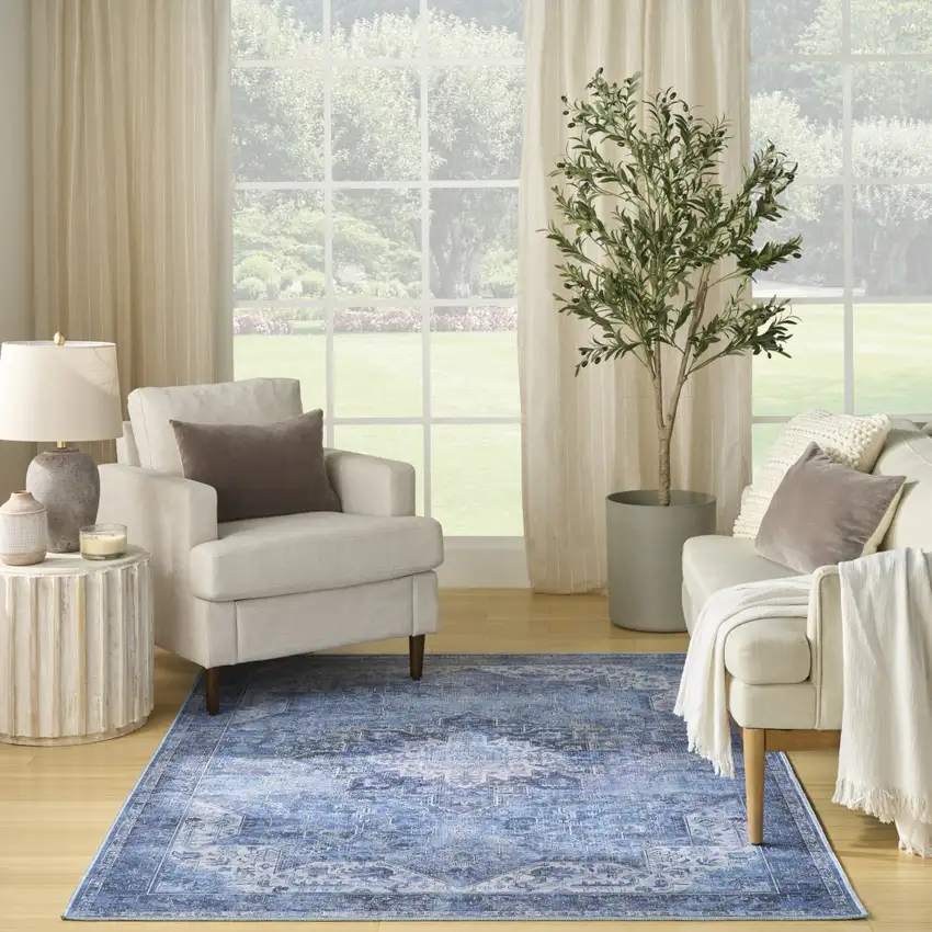 Blue And Ivory Floral Distressed Area Rug Photo 7