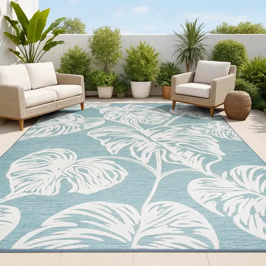 Blue And Ivory Floral Indoor Outdoor Area Rug Photo 4