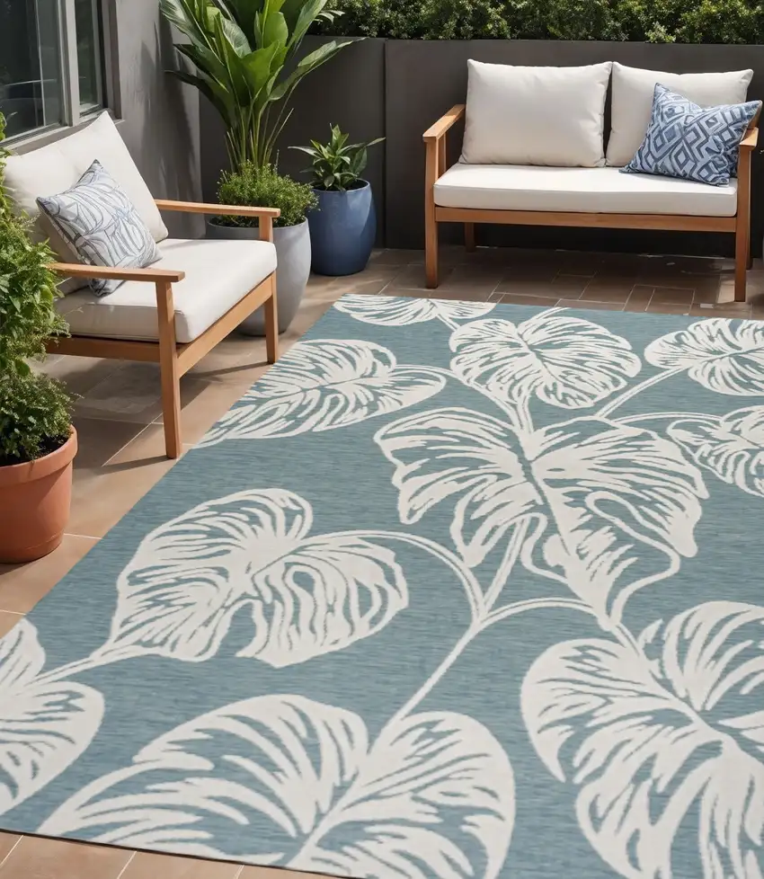 Blue And Ivory Floral Indoor Outdoor Area Rug Photo 1