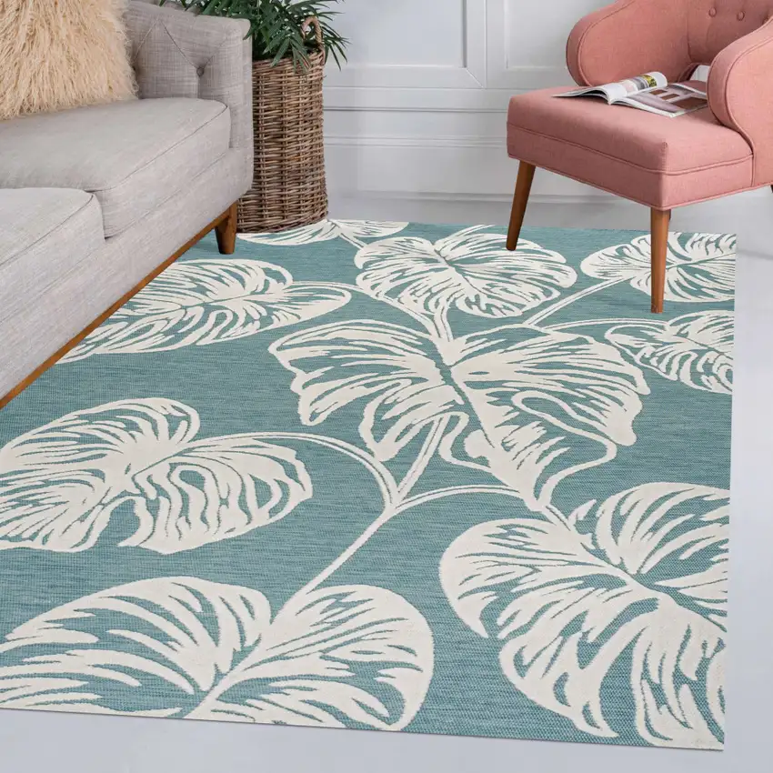Blue And Ivory Floral Indoor Outdoor Area Rug Photo 9