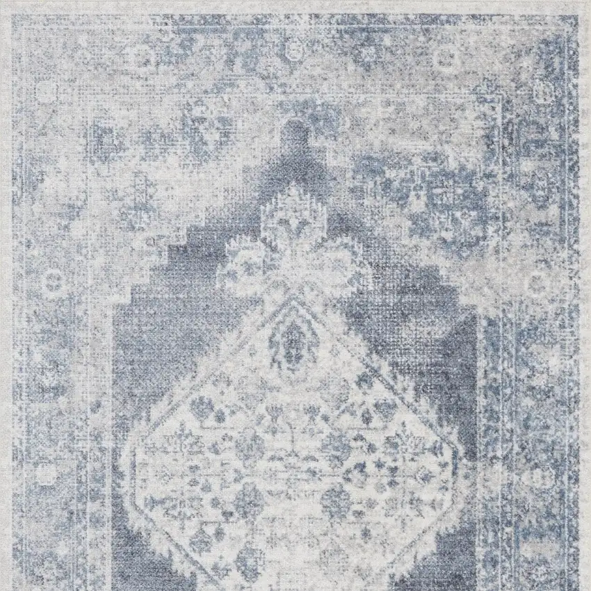 Blue And Ivory Floral Medallion Distressed Washable Area Rug Photo 8