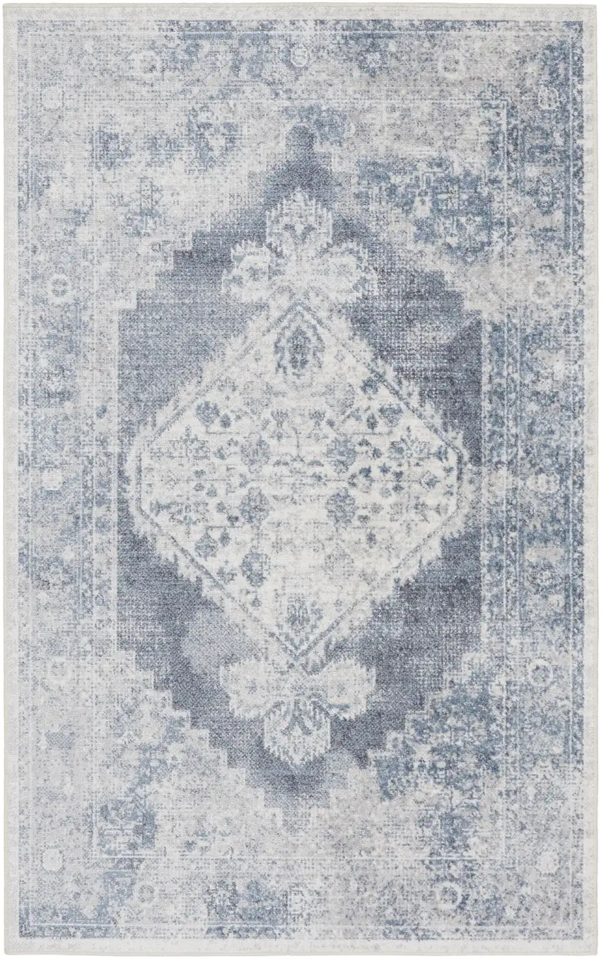 Blue And Ivory Floral Medallion Distressed Washable Area Rug Photo 7