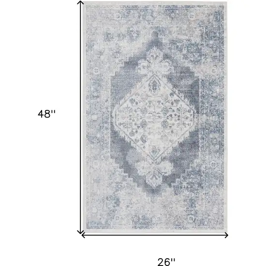 Blue And Ivory Floral Medallion Distressed Washable Area Rug Photo 3