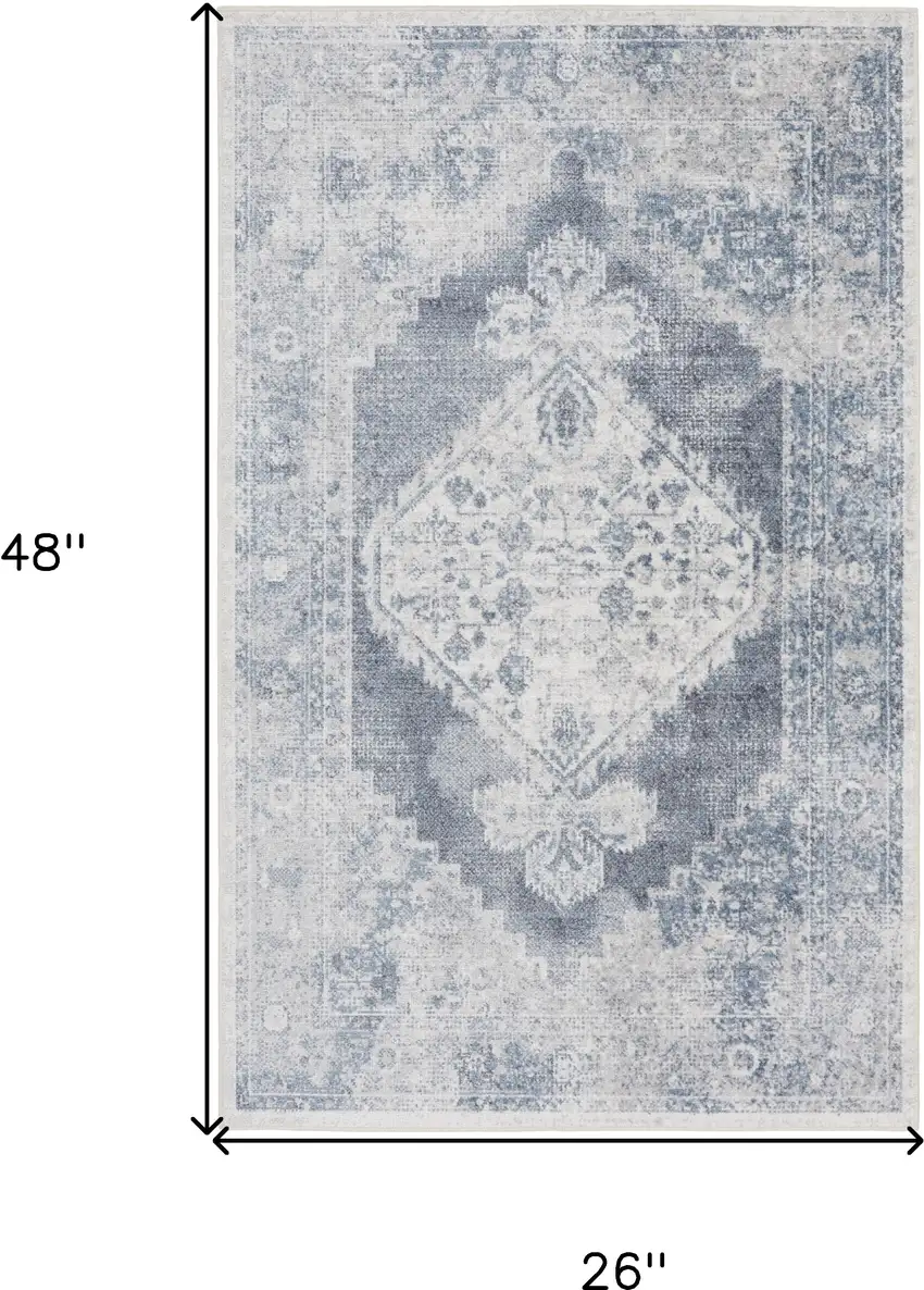 Blue And Ivory Floral Medallion Distressed Washable Area Rug Photo 3
