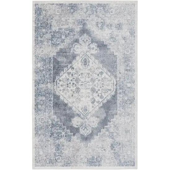 Blue And Ivory Floral Medallion Distressed Washable Area Rug Photo 2