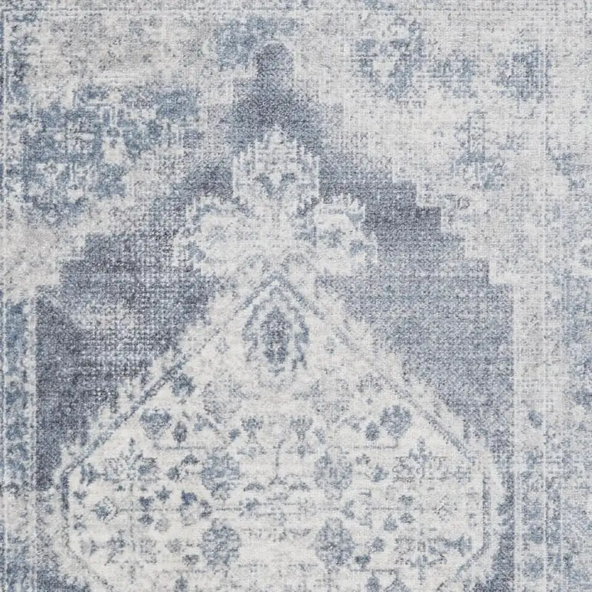 Blue And Ivory Floral Medallion Distressed Washable Area Rug Photo 3