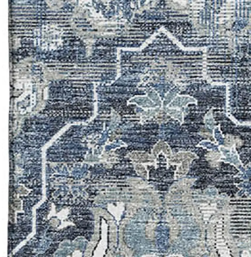 Blue And Ivory Floral Medallion Washable Area Rug With UV Protection Photo 4