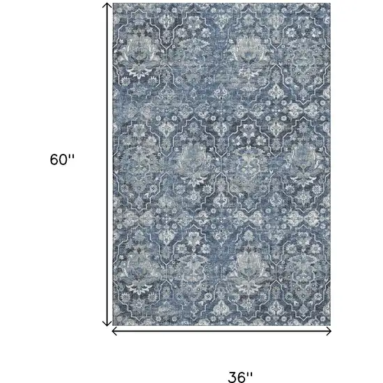 Blue And Ivory Floral Medallion Washable Area Rug With UV Protection Photo 3