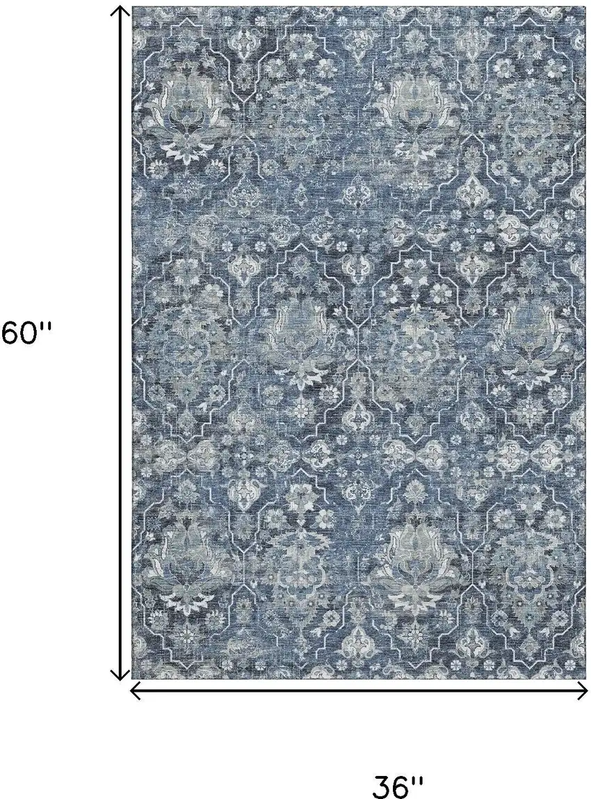 Blue And Ivory Floral Medallion Washable Area Rug With UV Protection Photo 3