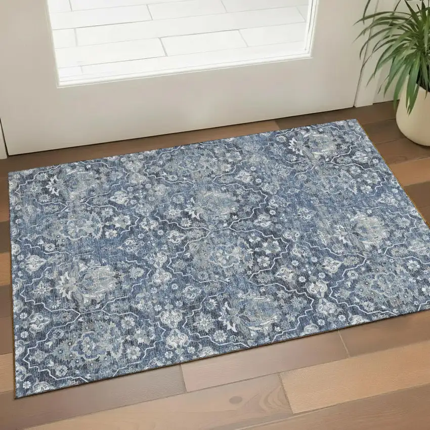 Blue And Ivory Floral Medallion Washable Area Rug With UV Protection Photo 1