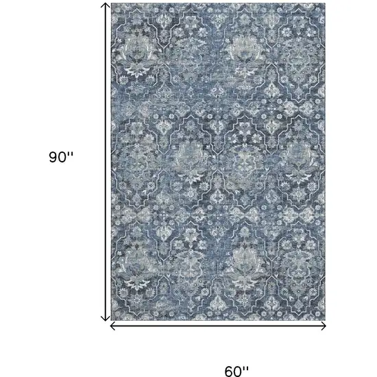 Blue And Ivory Floral Medallion Washable Area Rug With UV Protection Photo 3