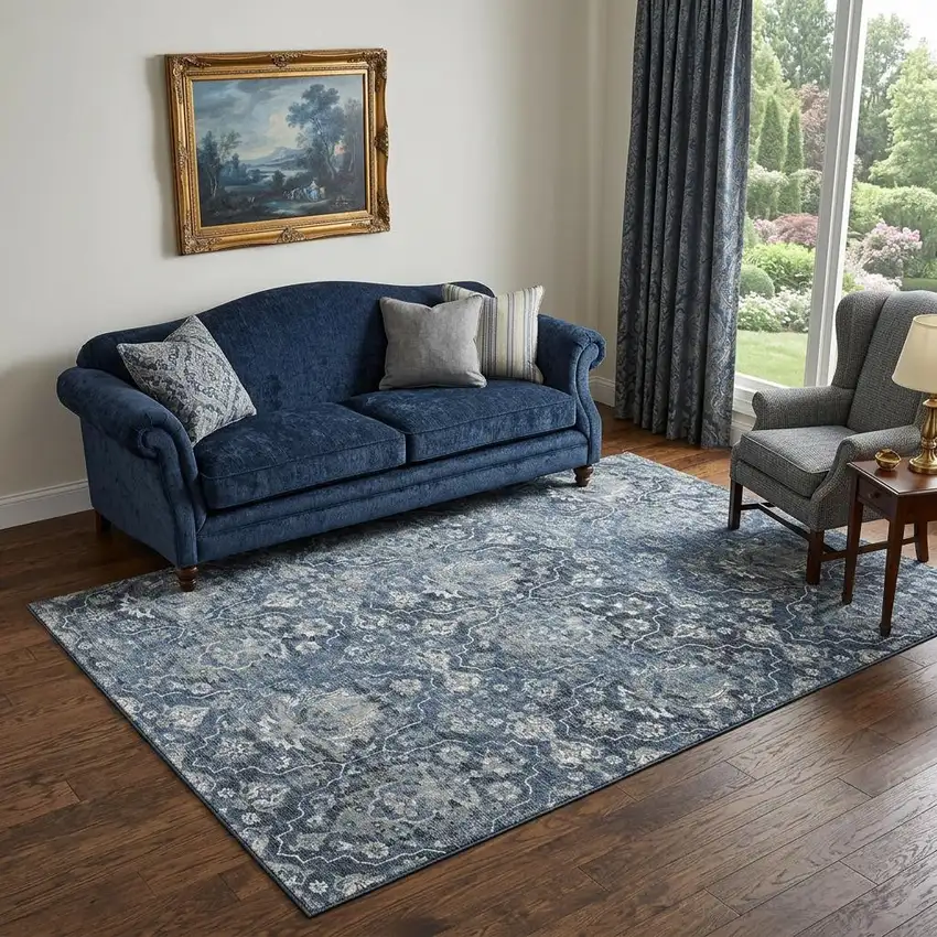Blue And Ivory Floral Medallion Distressed Washable Area Rug With UV Protection Photo 1