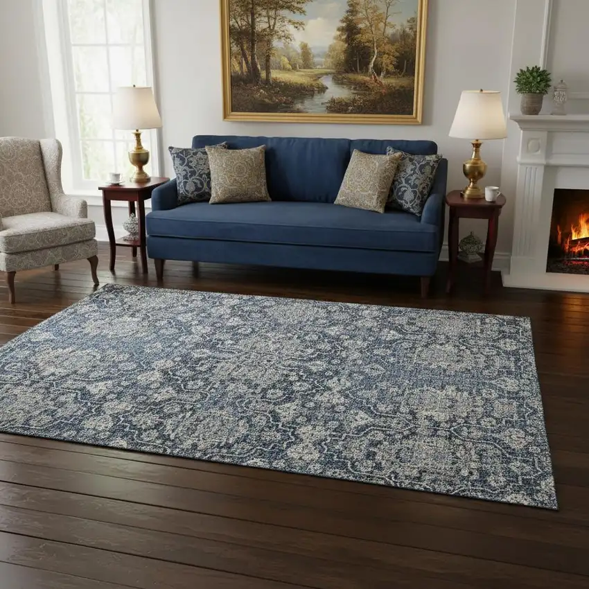 Blue And Ivory Floral Medallion Washable Area Rug With UV Protection Photo 1