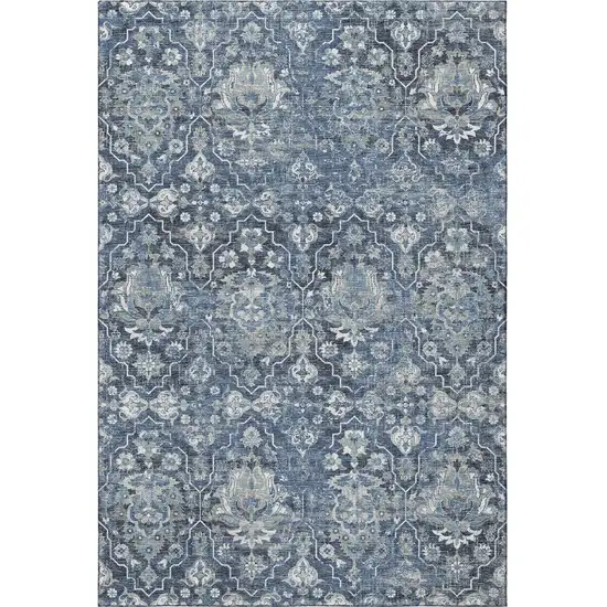 Blue And Ivory Floral Medallion Washable Area Rug With UV Protection Photo 5
