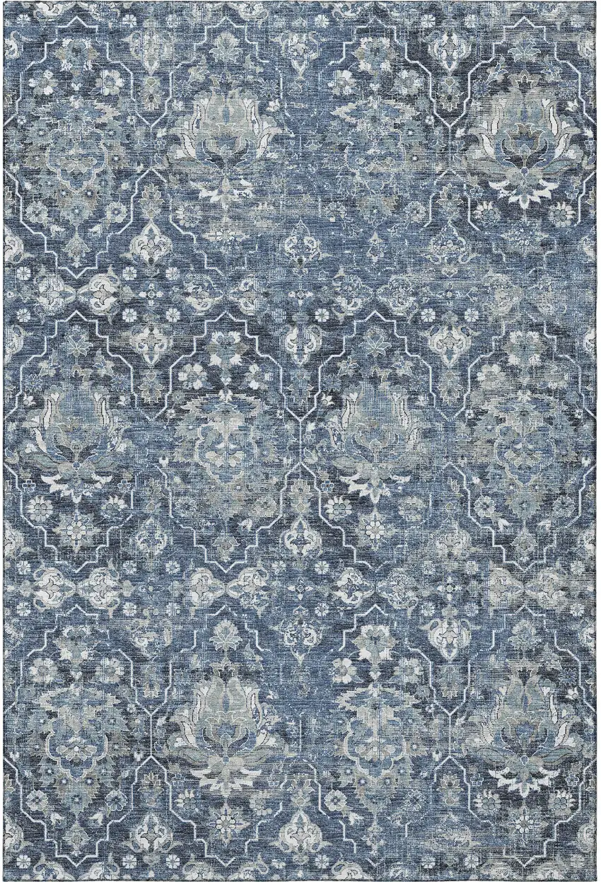 Blue And Ivory Floral Medallion Washable Area Rug With UV Protection Photo 5