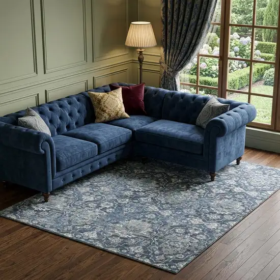 Blue And Ivory Floral Medallion Distressed Washable Area Rug With UV Protection Photo 1