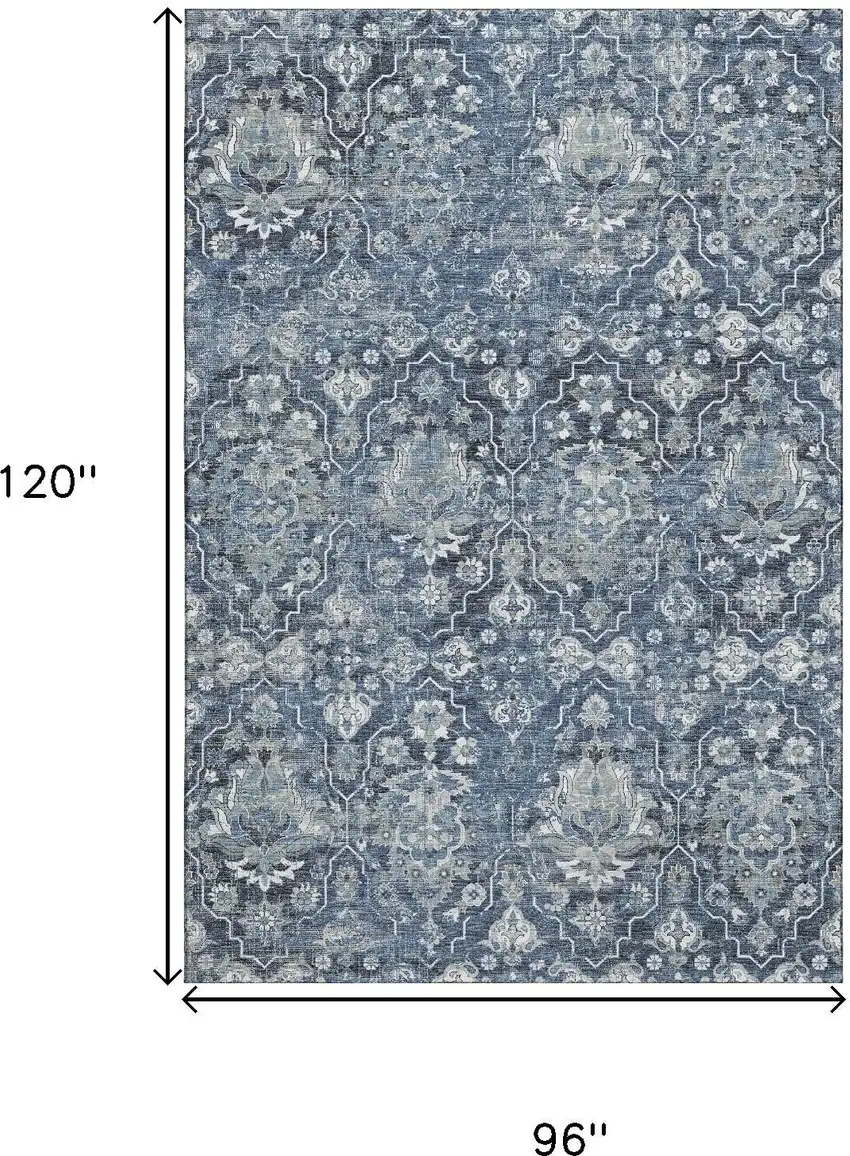 Blue And Ivory Floral Medallion Washable Area Rug With UV Protection Photo 3