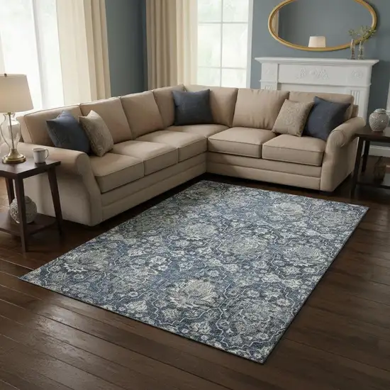 Blue And Ivory Floral Medallion Washable Area Rug With UV Protection Photo 1