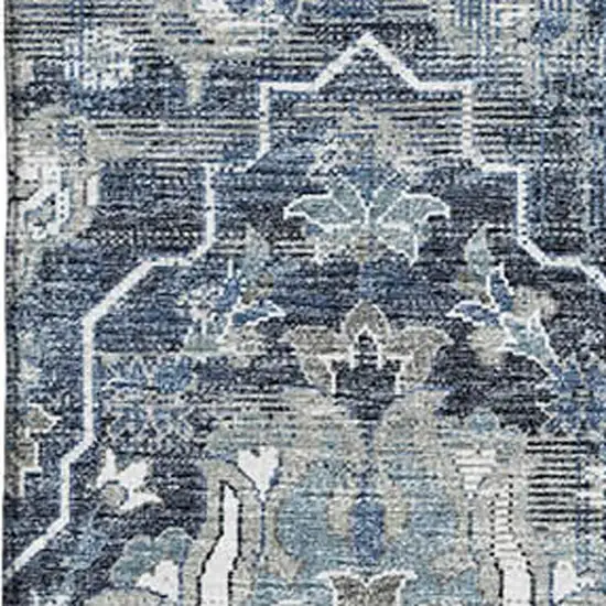 Blue And Ivory Floral Medallion Washable Area Rug With UV Protection Photo 8