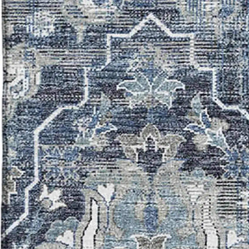 Blue And Ivory Floral Medallion Washable Area Rug With UV Protection Photo 8