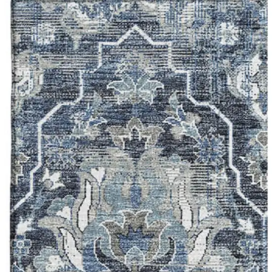Blue And Ivory Floral Medallion Washable Area Rug With UV Protection Photo 4