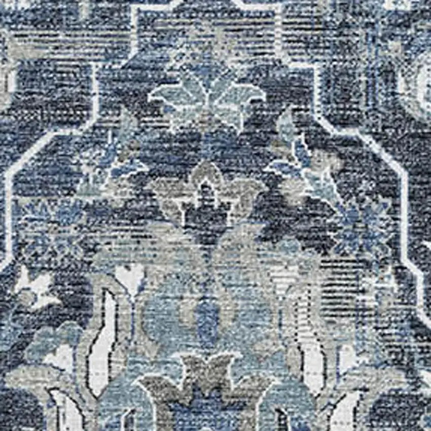 Blue And Ivory Floral Medallion Washable Area Rug With UV Protection Photo 4
