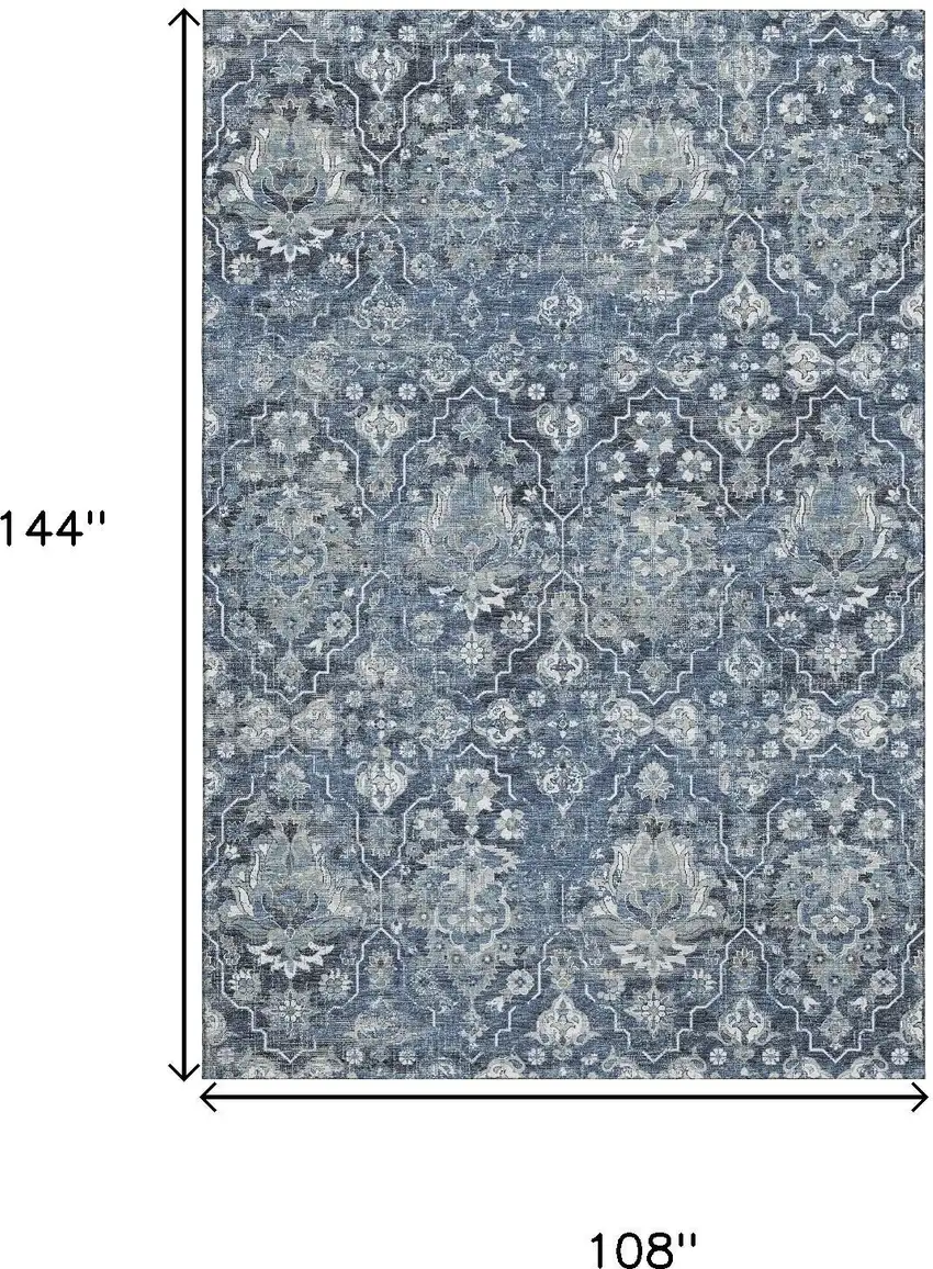 Blue And Ivory Floral Medallion Washable Area Rug With UV Protection Photo 3