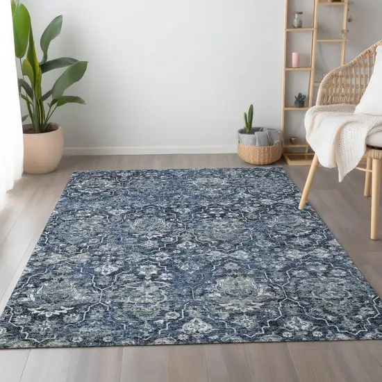 Blue And Ivory Floral Medallion Washable Area Rug With UV Protection Photo 5