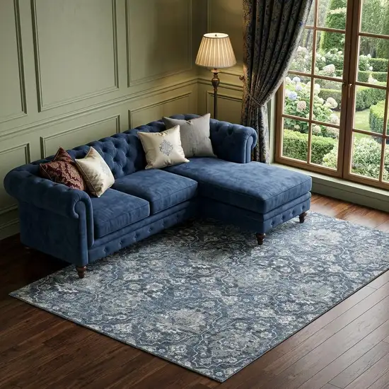 Blue And Ivory Floral Medallion Distressed Washable Area Rug With UV Protection Photo 1