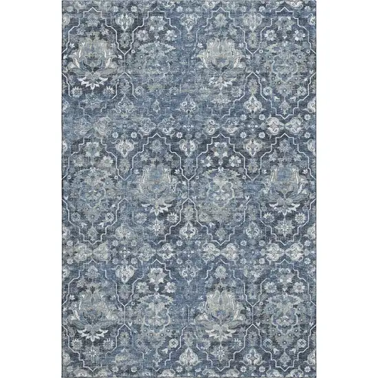 Blue And Ivory Floral Medallion Washable Area Rug With UV Protection Photo 2