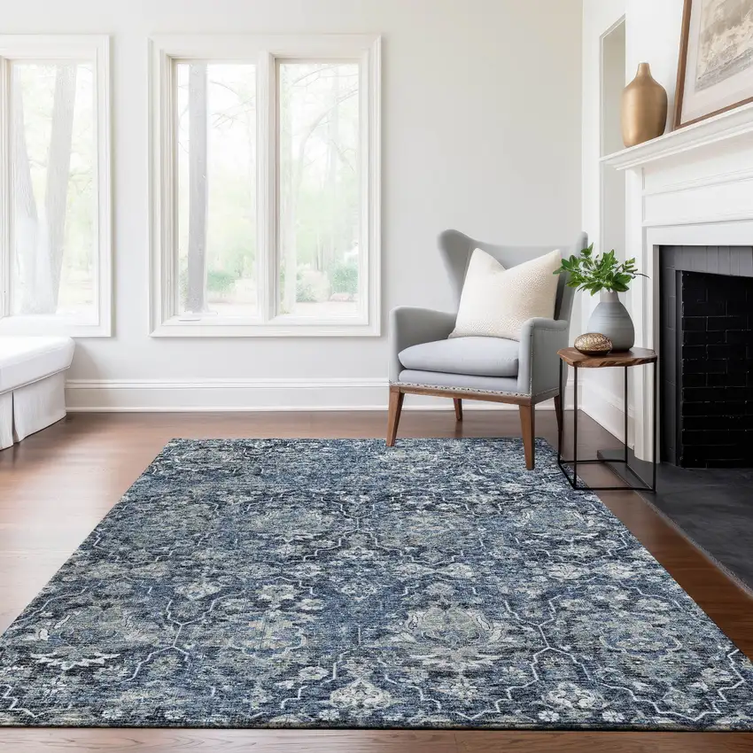 Blue And Ivory Floral Medallion Washable Area Rug With UV Protection Photo 6