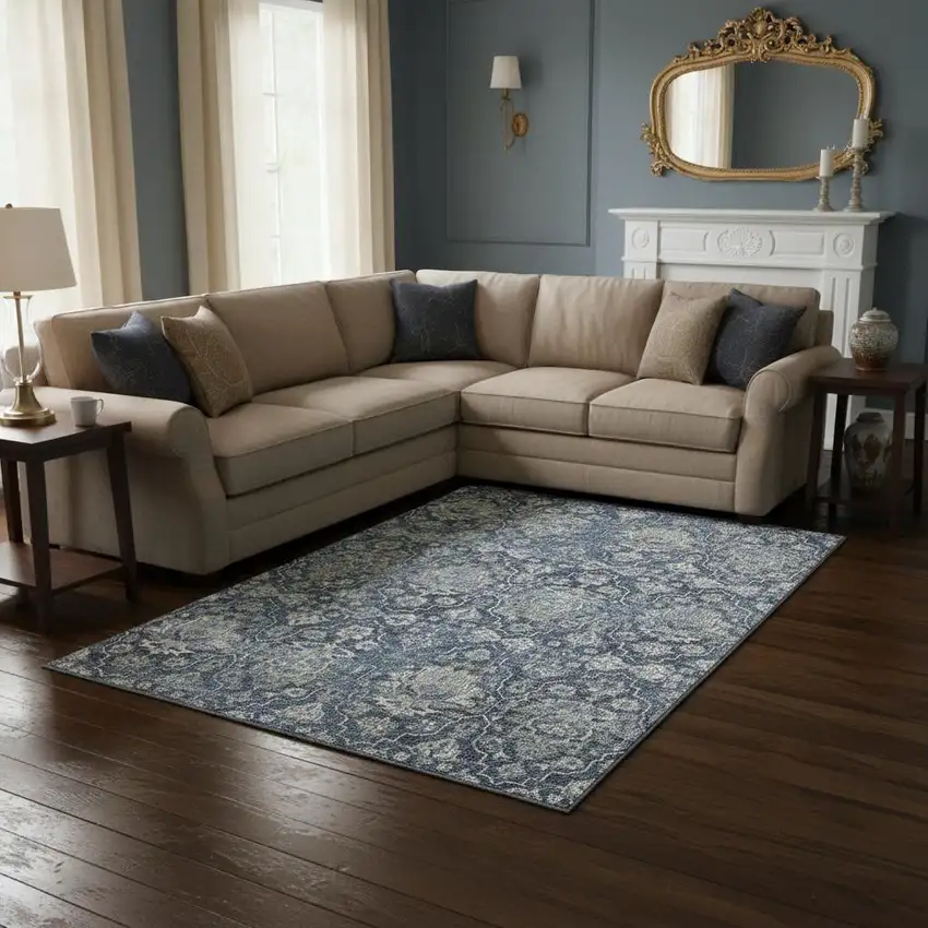 Blue And Ivory Floral Medallion Washable Area Rug With UV Protection Photo 1