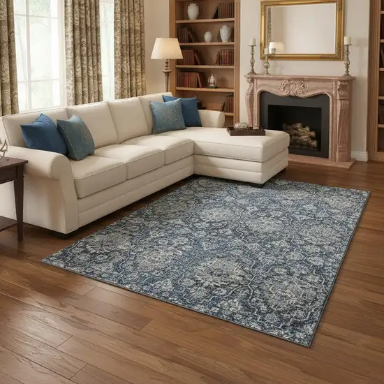 Blue And Ivory Floral Medallion Washable Area Rug With UV Protection Photo 1