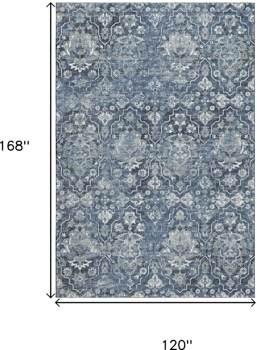 Blue And Ivory Floral Medallion Washable Area Rug With UV Protection Photo 3
