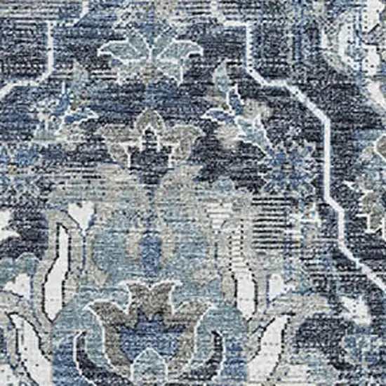 Blue And Ivory Floral Medallion Washable Area Rug With UV Protection Photo 4