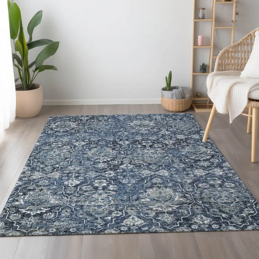 Blue And Ivory Floral Medallion Washable Area Rug With UV Protection Photo 6