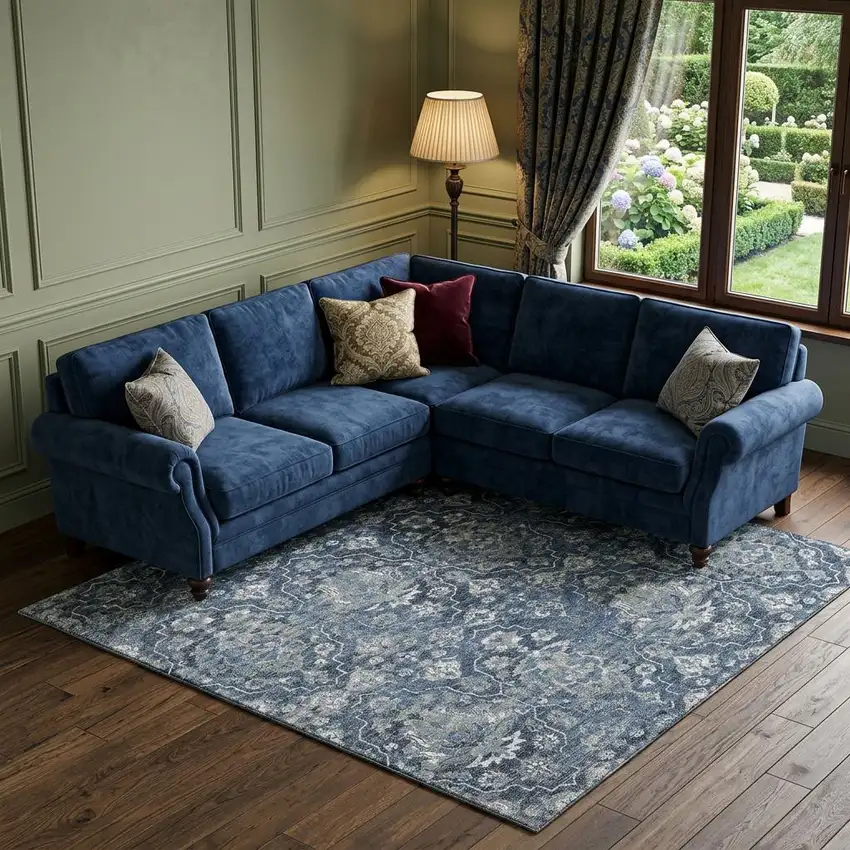 Blue And Ivory Floral Medallion Distressed Washable Area Rug With UV Protection Photo 1