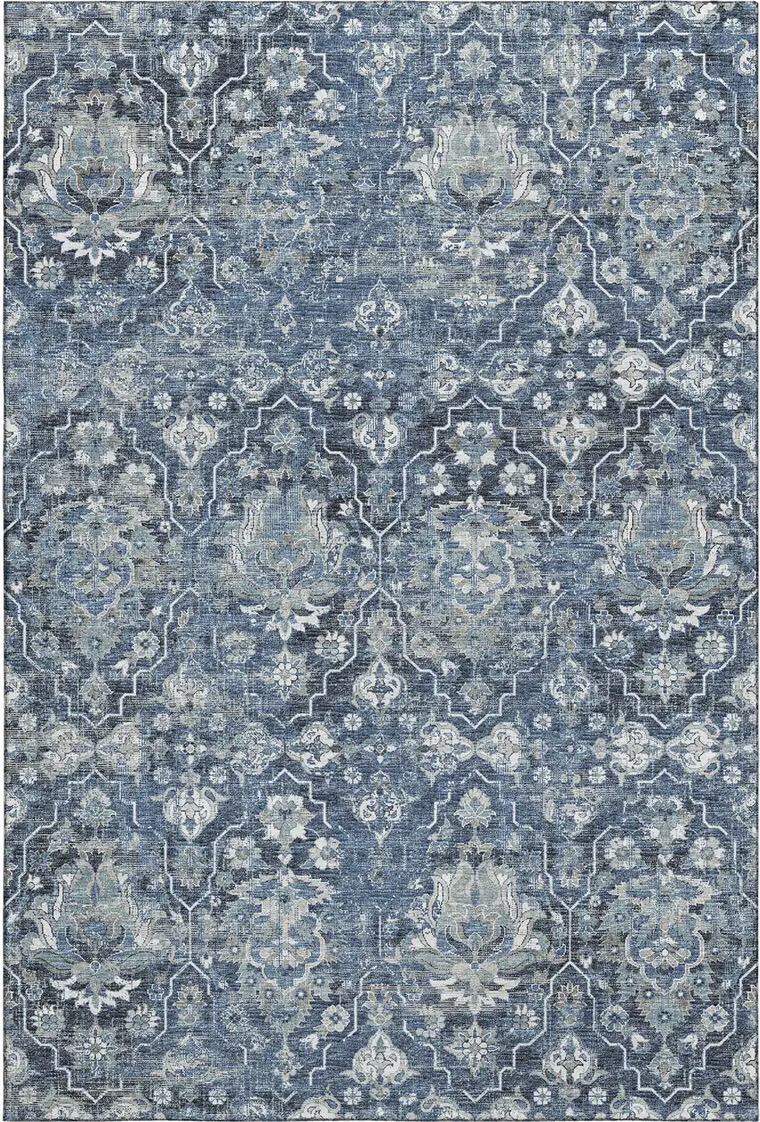 Blue And Ivory Floral Medallion Washable Area Rug With UV Protection Photo 2