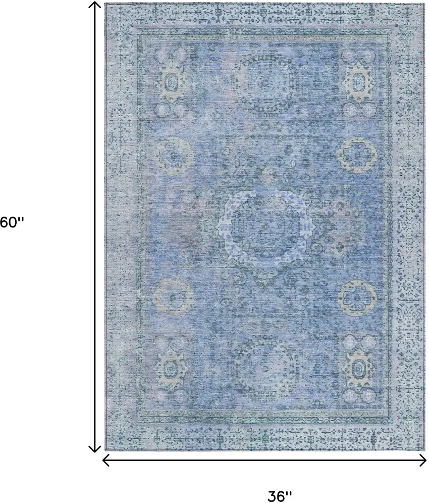Blue And Ivory Floral Medallion Washable Indoor Outdoor Area Rug Photo 9