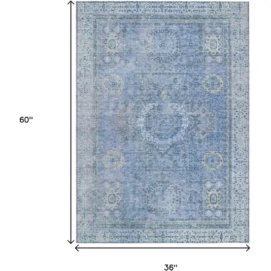 Blue And Ivory Floral Medallion Washable Indoor Outdoor Area Rug Photo 9