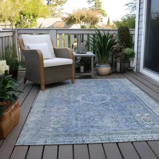 Blue And Ivory Floral Medallion Washable Indoor Outdoor Area Rug Photo 5