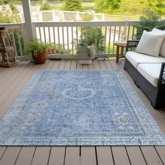 Blue And Ivory Floral Medallion Washable Indoor Outdoor Area Rug Photo 8