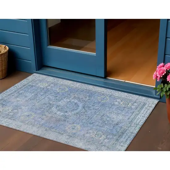 Blue And Ivory Floral Medallion Washable Indoor Outdoor Area Rug Photo 2